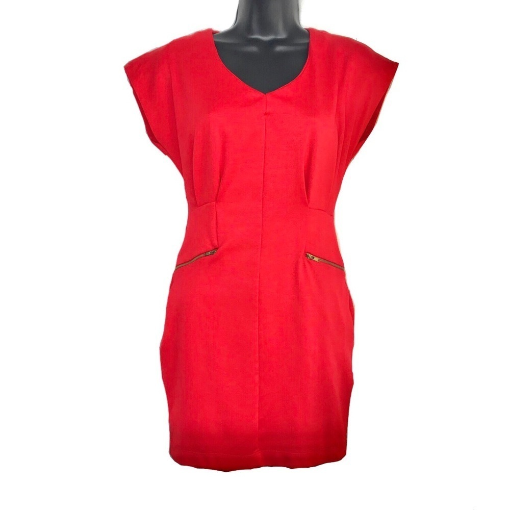 Red V Neck Cap Sleeve Dress with Gold Zipper Pockets Sheath Style